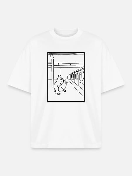 Cats Train Station Waiting Line Art - Boxy Heavyweight Unisex Organic T-Shirt by Stanley/Stella - white