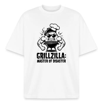 BBQ Grillmeister GRILLZILLA, lustiger BBQ Hoodie - Boxy Heavyweight Unisex Organic T-Shirt von Stanley/Stella - Weiß - Vorne - AI Model Male 185 light (185cm) & AI Model Female 172 dark (172cm)