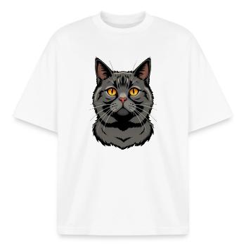Chat noir British Shorthair - T-shirt unisexe boxy épais biologique Stanley/Stella - blanc - Devant - AI Model Male 185 light (185cm) & AI Model Female 172 dark (172cm)