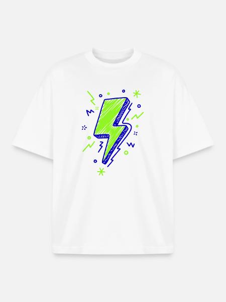 Éclairs illustrés en vert et bleu - T-shirt unisexe boxy épais biologique Stanley/Stella - blanc