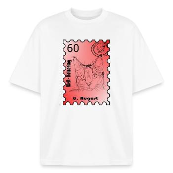 Postzegel Kattendag - Unisex boxy heavyweight biologisch T-shirt Stanley/Stella - wit - Voor - AI Model Male 185 light (185cm) & AI Model Female 172 dark (172cm)