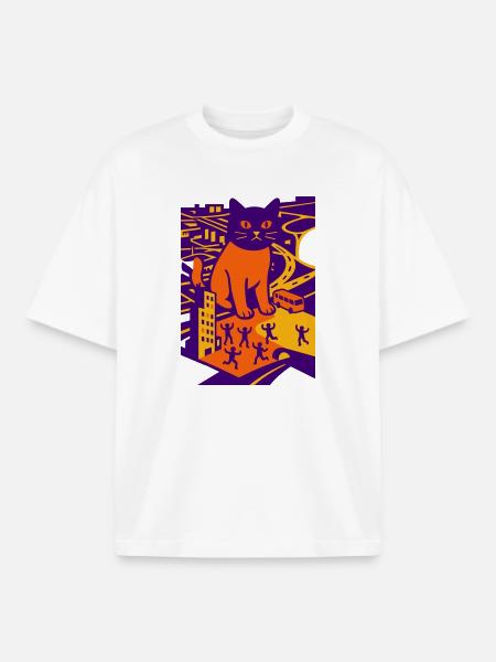 Chat géant dans la ville - T-shirt unisexe boxy épais biologique Stanley/Stella - blanc