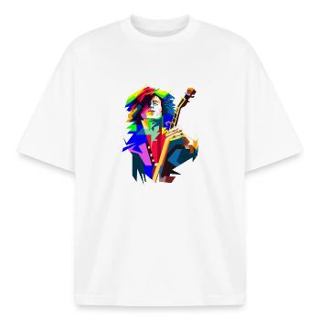 Rock And Roll Guitarist In Stage Action Pop Art - Boxy Heavyweight Unisex Organic T-Shirt by Stanley/Stella - white - Front - AI Model Male 185 light (185cm) & AI Model Female 172 dark (172cm)