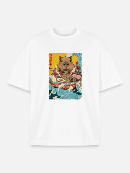 Capybara Eats Ramen Noodles - Boxy Heavyweight Unisex Organic T-Shirt by Stanley/Stella - white