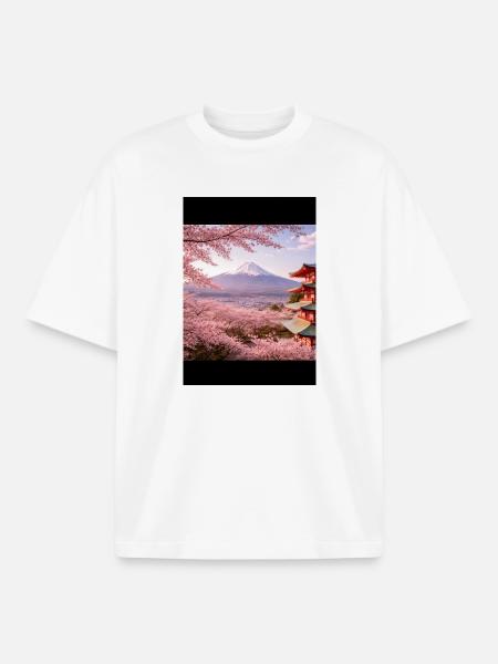 Sakura at Fuji and Pagoda - Boxy Heavyweight Unisex Organic T-Shirt by Stanley/Stella - white