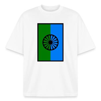 115552801 188819732 Romani Flag 1 - Boxy Heavyweight Unisex Organic T-Shirt by Stanley/Stella - white - Front - AI Model Male 185 light (185cm) & AI Model Female 172 dark (172cm)