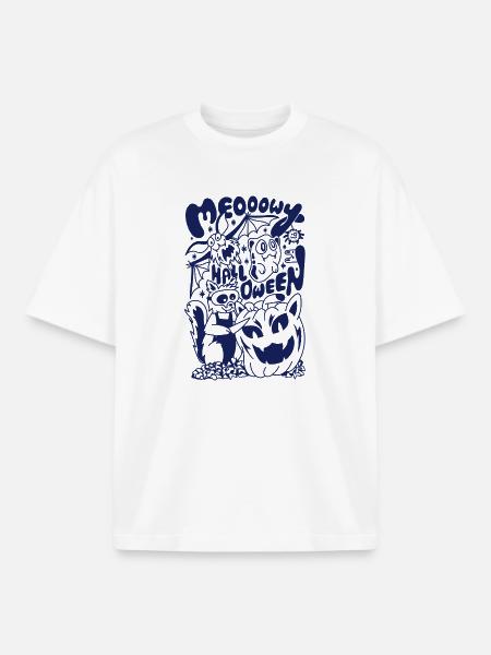Meowy Halloween Cat Pumpkin Cartoon Doodle - Boxy Heavyweight Unisex Organic T-Shirt by Stanley/Stella - white