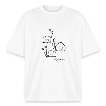 Snailmeeting © Chyropterum Innoxius - Boxy Heavyweight Unisex Organic T-Shirt by Stanley/Stella - white - Front - AI Model Male 185 light (185cm) & AI Model Female 172 dark (172cm)