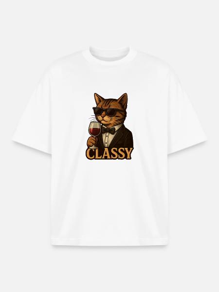 Sophisticated Cat with Wine and Tuxedo - Boxy Heavyweight Unisex Organic T-Shirt by Stanley/Stella - white