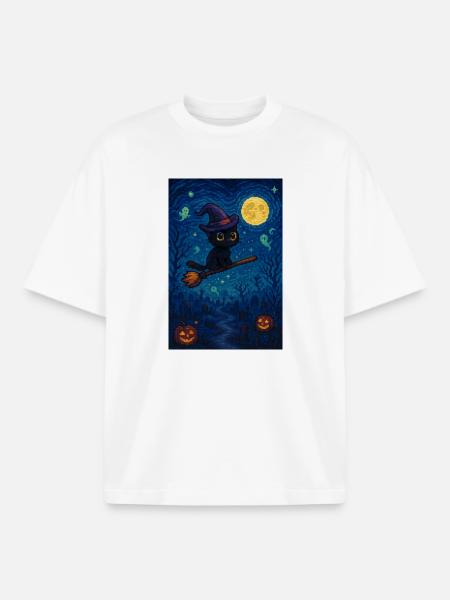 Chat pixel mignon d'Halloween - T-shirt unisexe boxy épais biologique Stanley/Stella - blanc