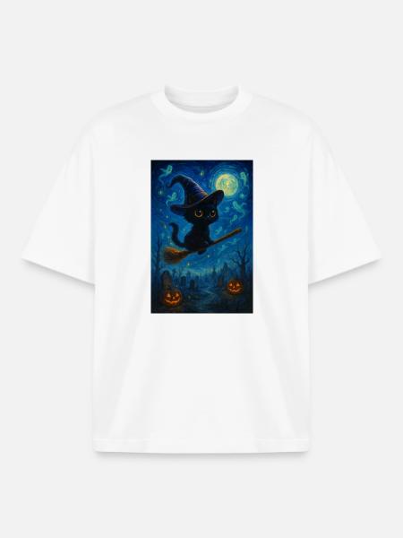 Black cat with witch's broom - Boxy Heavyweight Unisex Organic T-Shirt by Stanley/Stella - white