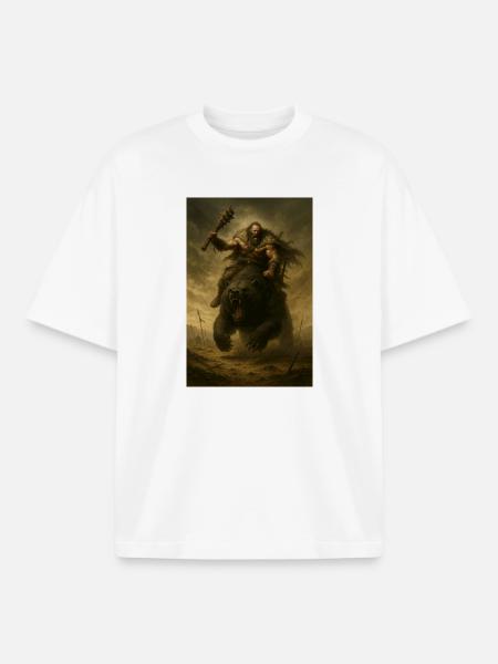 Barbarian Warrior on Brown Bear – Fant Illustration - Boxy Heavyweight Unisex Organic T-Shirt by Stanley/Stella - white