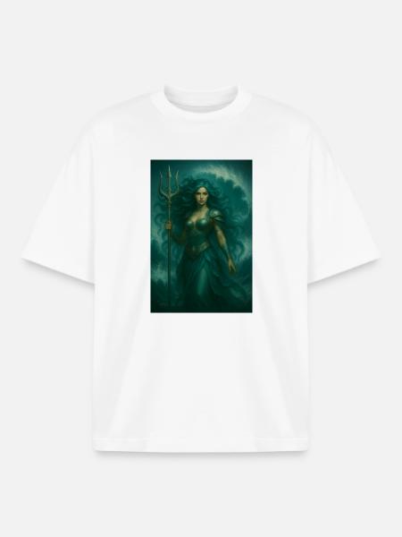 Déesse des Océans – Trident et Vagues - T-shirt unisexe boxy épais biologique Stanley/Stella - blanc