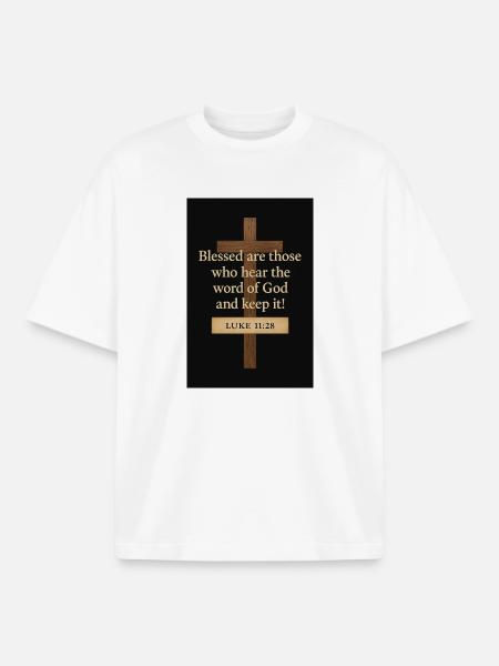Kreuz und Bibelverse Lukas 11,28 - Boxy Heavyweight Unisex Organic T-Shirt von Stanley/Stella - Weiß