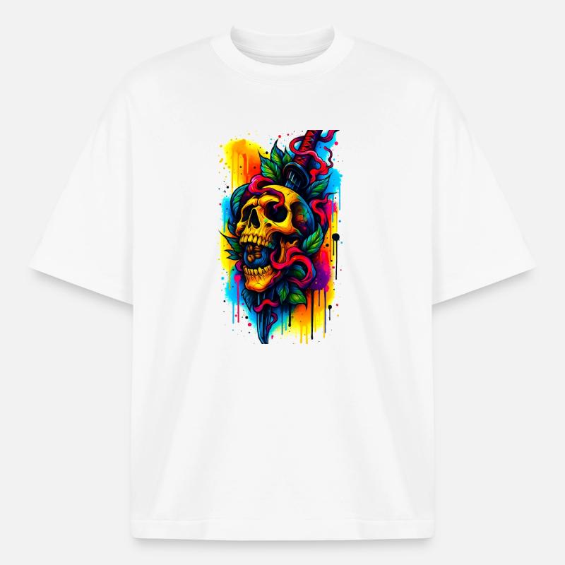 Bunter Totenschädel mit Messer und Blättern - Boxy Heavyweight Unisex Organic T-Shirt von Stanley/Stella - Weiß