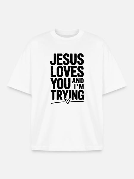 Jésus t’aime et j’essaie - T-shirt unisexe boxy épais biologique Stanley/Stella - blanc