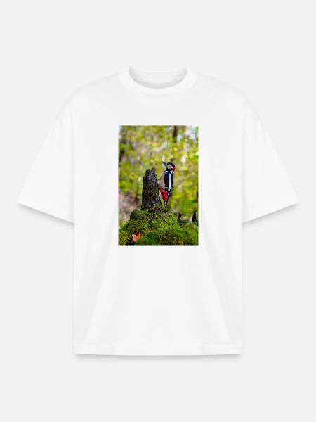 Woodpecker on Mossy Forest Stump - Boxy Heavyweight Unisex Organic T-Shirt by Stanley/Stella - white