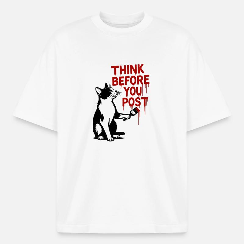 Think before you post Cat - Boxy Heavyweight Unisex Organic T-Shirt by Stanley/Stella - white