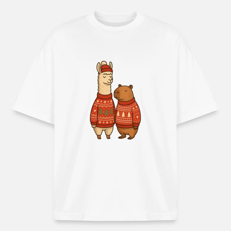 Lama und Cabibara Weihnachtspullover Duo - Boxy Heavyweight Unisex Organic T-Shirt von Stanley/Stella - Weiß
