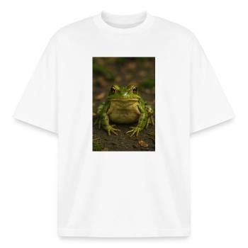 Green frog in focus - Boxy Heavyweight Unisex Organic T-Shirt by Stanley/Stella - white - Front - AI Model Male 185 light (185cm) & AI Model Female 172 dark (172cm)