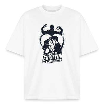 L’amour est une horreur terrifiante - T-shirt unisexe boxy épais biologique Stanley/Stella - blanc - Devant - AI Model Male 185 light (185cm) & AI Model Female 172 dark (172cm)