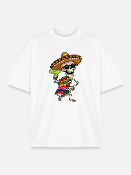 Fiesta Skeleton with Sombrero and Margarita - Boxy Heavyweight Unisex Organic T-Shirt by Stanley/Stella - white