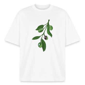 Olive Branch Botany Illustration - Boxy Heavyweight Unisex Organic T-Shirt by Stanley/Stella - white - Front - AI Model Male 185 light (185cm) & AI Model Female 172 dark (172cm)