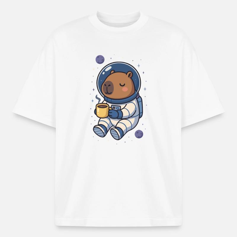 Capybara Astronaute – Café dans l’espace ☕🪐 - T-shirt unisexe boxy épais biologique Stanley/Stella - blanc