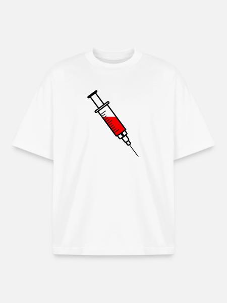 Seringue de vaccination avec médicament liquide rouge - T-shirt unisexe boxy épais biologique Stanley/Stella - blanc