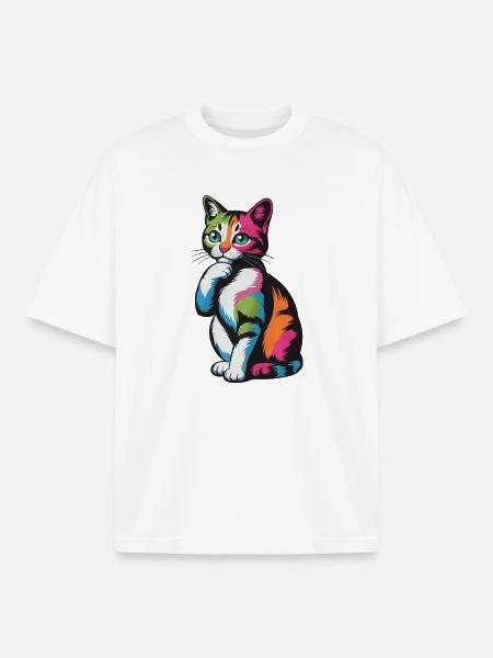 Nachdenkliche Pop-Katze Farbexplosion - Boxy Heavyweight Unisex Organic T-Shirt von Stanley/Stella - Weiß