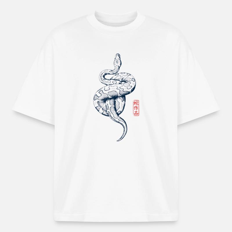 Python avec tampon kanji - T-shirt unisexe épais coupe boxy Stanley/Stella - blanc