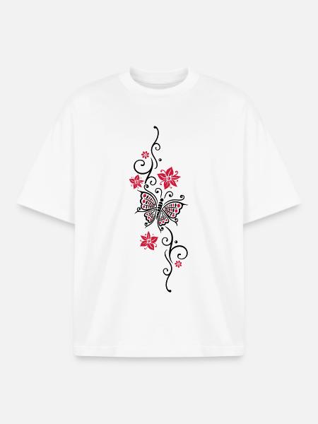 Floral tendril butterfly summer flowers flowers - Boxy Heavyweight Unisex Organic T-Shirt by Stanley/Stella - white