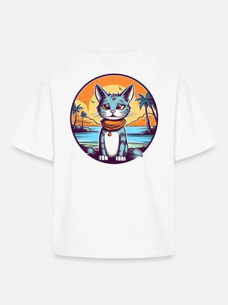 Karikaturkatze im Tropenparadies - Boxy Heavyweight Unisex Organic T-Shirt von Stanley/Stella - Weiß