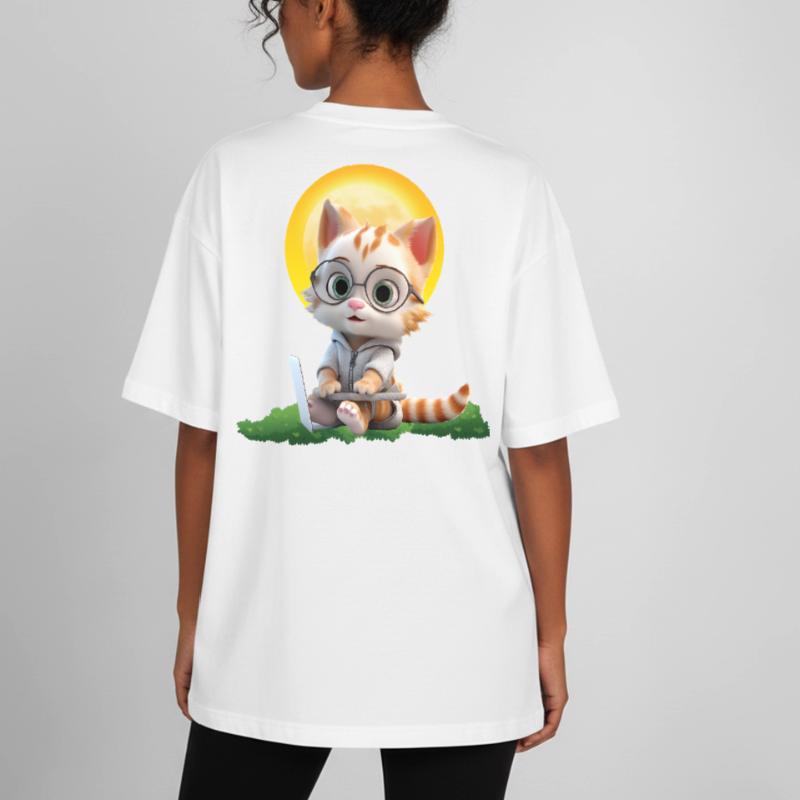 Smart Cat Sun Coder: Kitten Laptop Art Print Heavyweight Boxy Unisex T-Shirt by Stanley/Stella