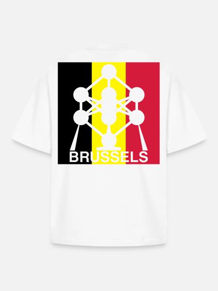 Brussels Atomium – Belgian Flag Square Icon - Boxy Heavyweight Unisex Organic T-Shirt by Stanley/Stella - white
