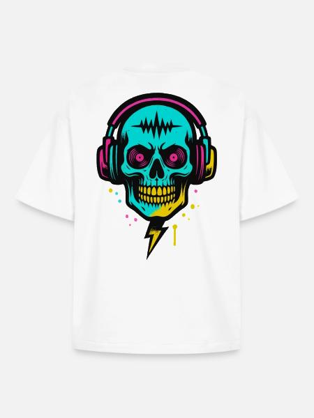 Neon Skull Headphones, Dark Rave Beats - Boxy Heavyweight Unisex Organic T-Shirt by Stanley/Stella - white