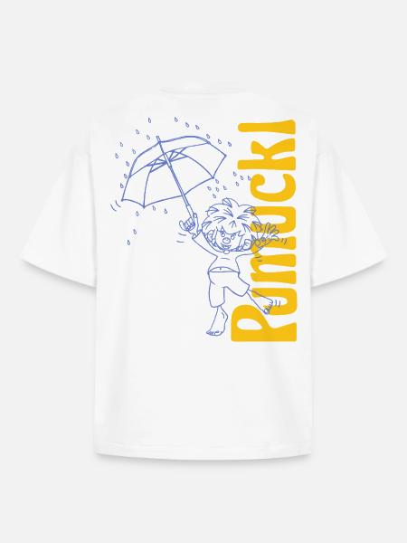 Pumuckl With Umbrella And Lettering - Boxy Heavyweight Unisex Organic T-Shirt by Stanley/Stella - white