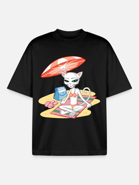 Chat sur la plage - T-shirt unisexe boxy épais biologique Stanley/Stella - noir