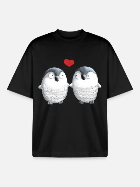 Pingouins amoureux - Pingouin - Oiseau - Amour - Coeur - T-shirt unisexe boxy épais biologique Stanley/Stella - noir