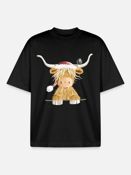 Scottish Highland Cattle Christmas Gift - Boxy Heavyweight Unisex Organic T-Shirt by Stanley/Stella - black