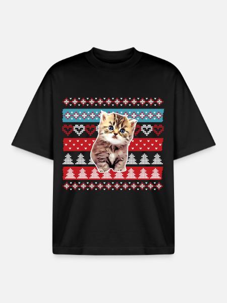 Chat moche de pull de Noël - T-shirt unisexe boxy épais biologique Stanley/Stella - noir
