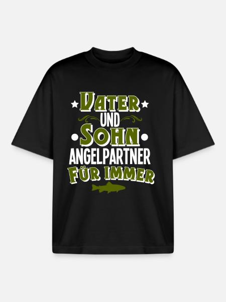Fishing angler father son - Boxy Heavyweight Unisex Organic T-Shirt by Stanley/Stella - black