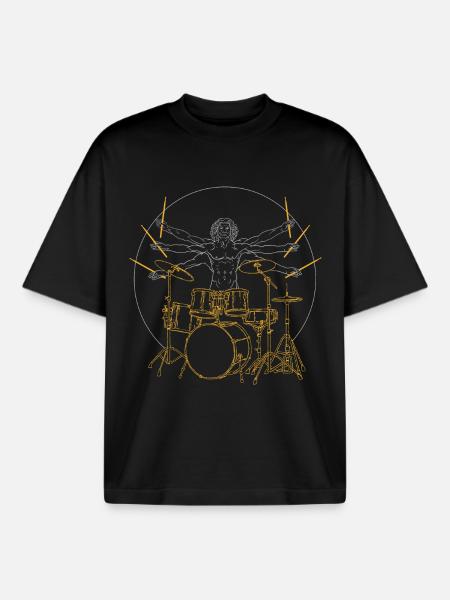Drums Da Vinci - Drummer Rock Gift - Boxy Heavyweight Unisex Organic T-Shirt by Stanley/Stella - black
