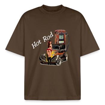 Hot Rod Glam Auto Print - T-shirt unisexe boxy épais biologique Stanley/Stella - marron foncé - Devant - AI Model Male 185 light (185cm) & AI Model Female 172 dark (172cm)