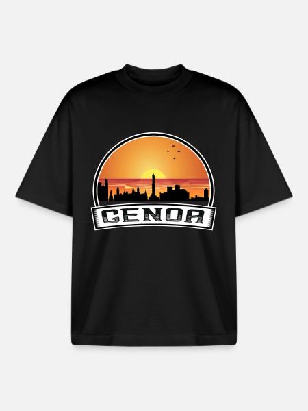 Genova Italia Skyline Vintage Sunset Travel Souvenir - T-shirt unisex boxy pesante biologica di Stanley/Stella - nero