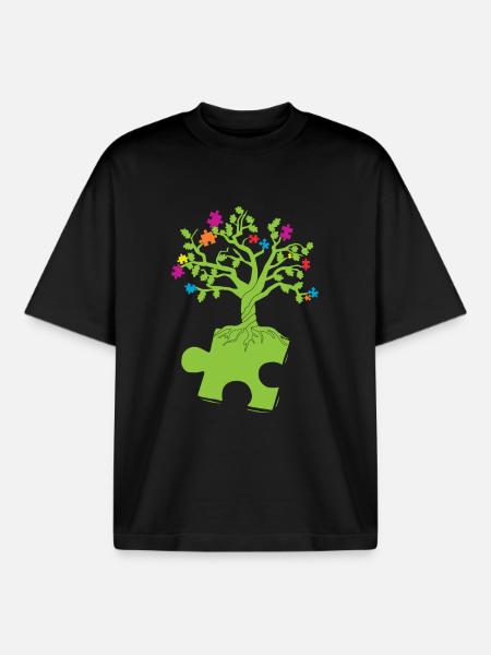 Autism Awareness Puzzle Tree - Boxy Heavyweight Unisex Organic T-Shirt by Stanley/Stella - black