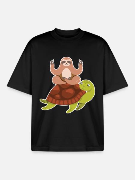 Sloth Riding Turtle Lazy Sloth Turtle - Boxy Heavyweight Unisex Organic T-Shirt by Stanley/Stella - black