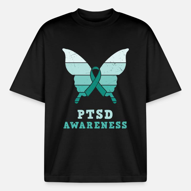 Papillon Ptsd Sensibilisation Ruban sarcelle - T-shirt unisexe boxy épais biologique Stanley/Stella - noir
