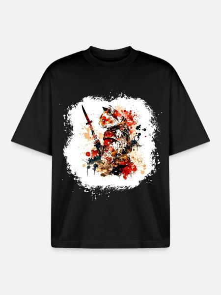 Samurai Cat Red Black - Boxy Heavyweight Unisex Organic T-Shirt by Stanley/Stella - black