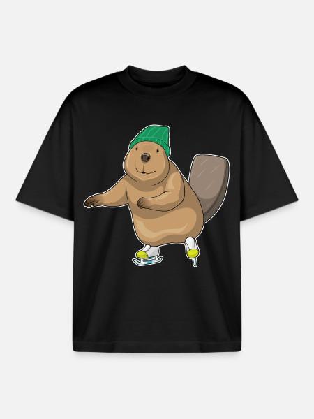 Beaver Ice Skating Skates - Boxy Heavyweight Unisex Organic T-Shirt by Stanley/Stella - black